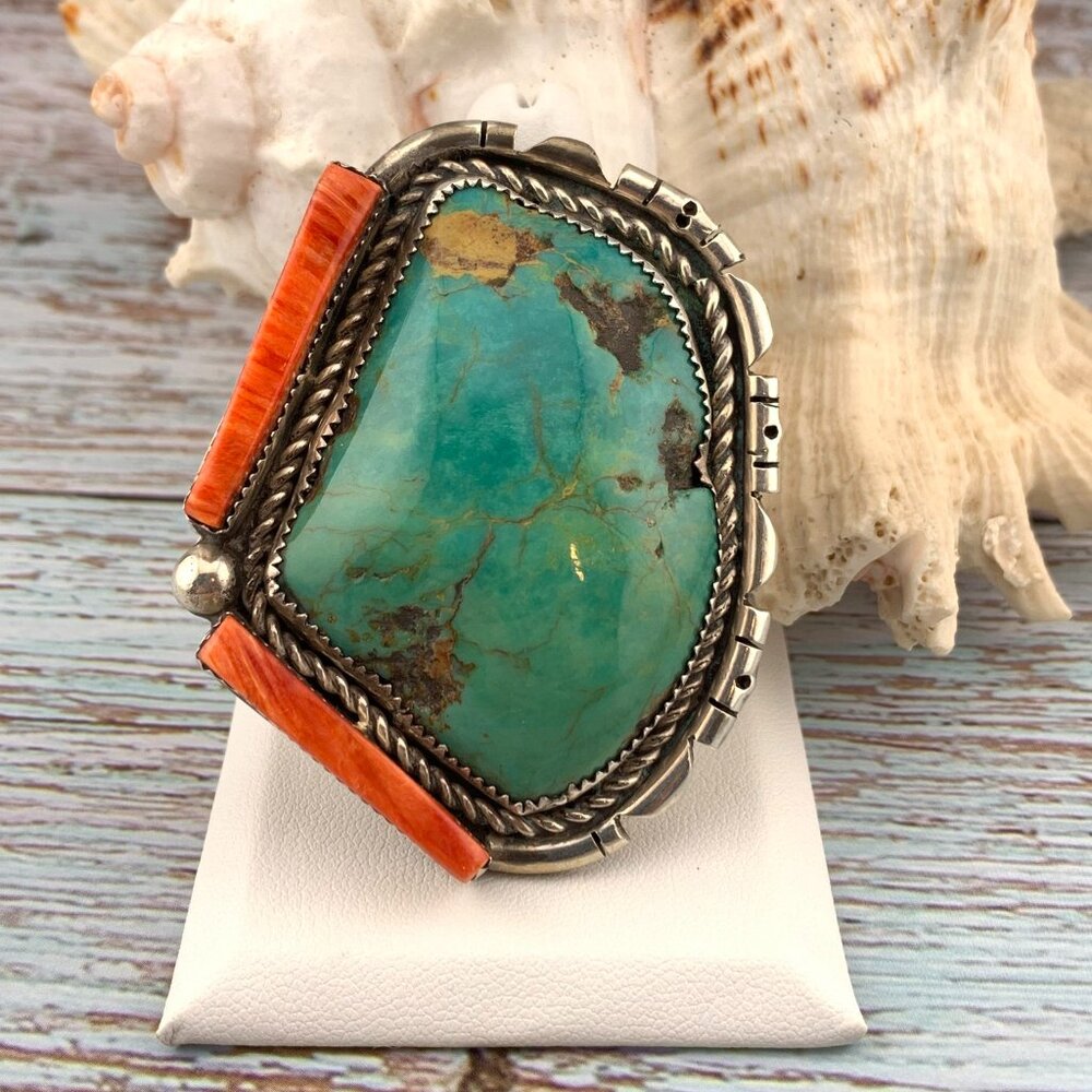 Huge Turquoise & Spiny Oyster Sterling Silver Navajo Native American Vtg Ring - Picture 6 of 11